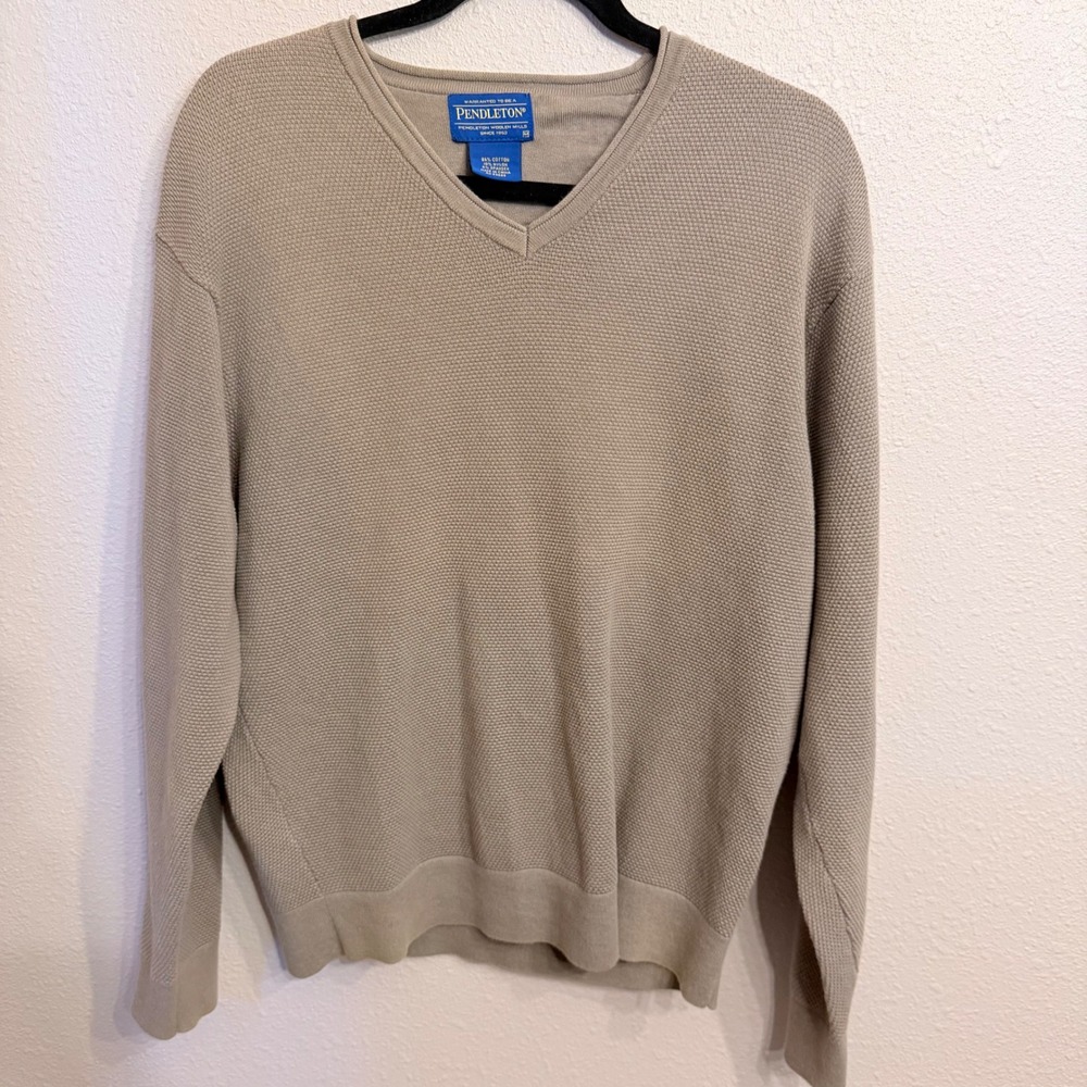 Pendleton Mens V-Neck‎ Sweater Medium Tan Textured Waffle Knit Cotton Blend Sand